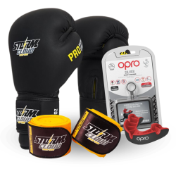 Zestaw bokserski PRO Rękawice bokserskie Boxing Pro Czarne + owijki premium + ochraniacz na zęby