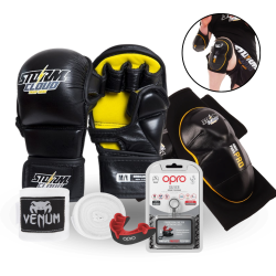 StormCloud – Zestaw MMA Rękawice skórzane sparingowe, Ochraniacze, Owijki 2,5M